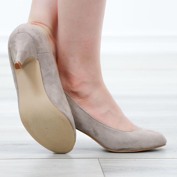 Taupe Suede Round Toe Kitten Low Heel Pumps - Picture 3 of 13